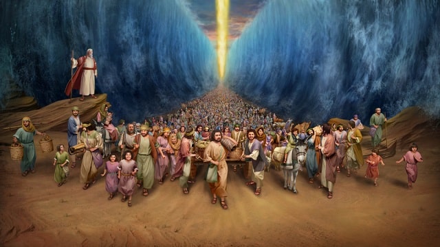 Moses leads the Israelites out of the Red Sea