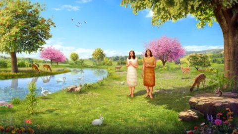 Adam and Eve talk to God in the Garden of Eden